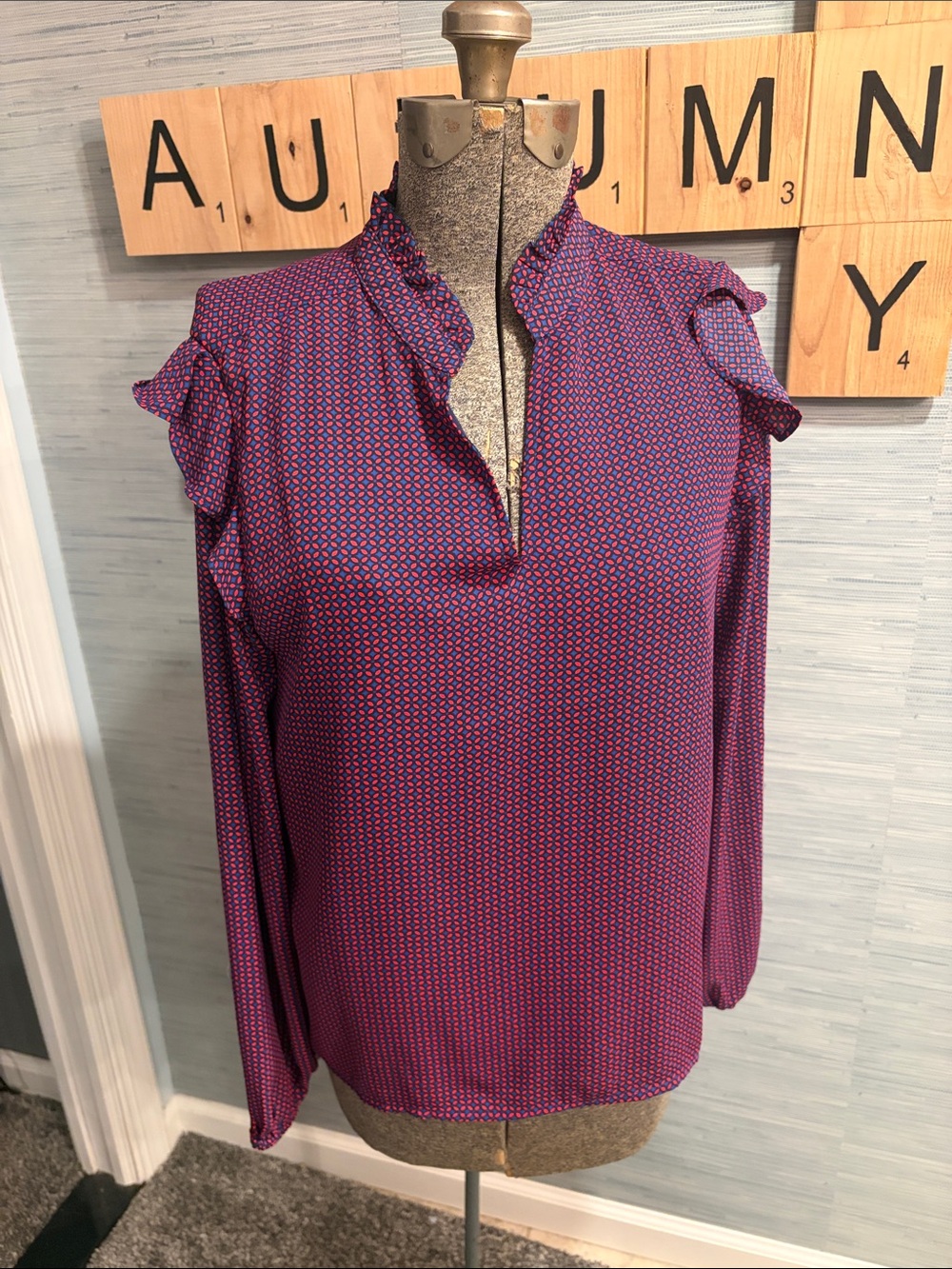 J. Crew Purple Micro-Pattern Ruffle-Neck Long Sleeve Blouse